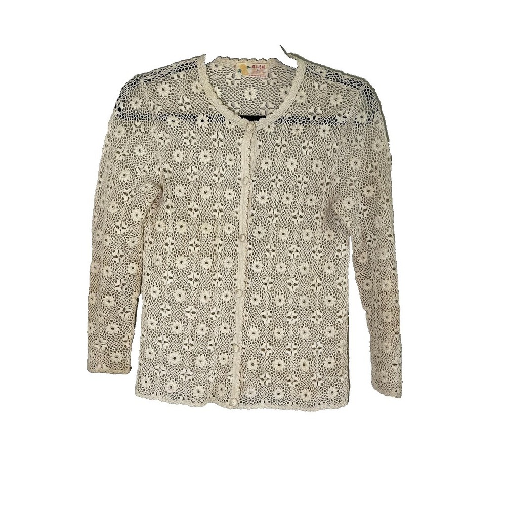 Neutral Floral Crochet Mesh Sweater L Cottage Granny Minimalist Preppy Euro Lace